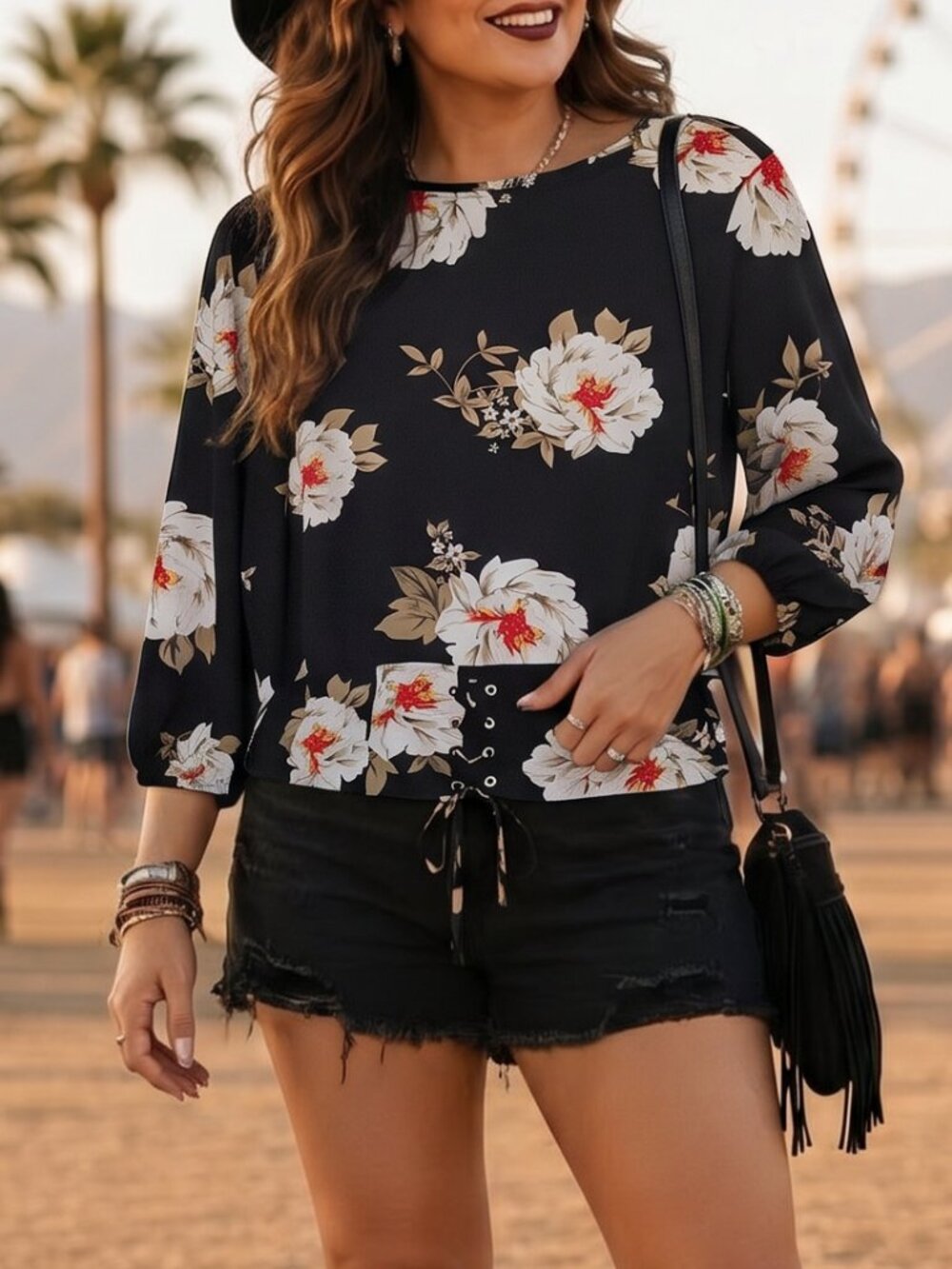 OLM Botanical Floral Lace Up Blouse Top Womens Large Black Cream